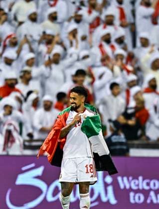 UNITED ARAB EMIRATES v OMAN-2026 FIFA World Cup, WM, Weltmeisterschaft, Fussball ASIAN QUALIFIER PLAYOFFS Caio Fernandes of United Arab Emirates celebrates the win at the end of the FIFA World Cup 2026 AFC Asian qualifiers playoffs group A match between United Arab Emirates and Oman at Jassim Bin Hamad Stadium in Doha, Qatar, on October 11, 2025. DOHA Qatar Copyright: xNOUSHADx