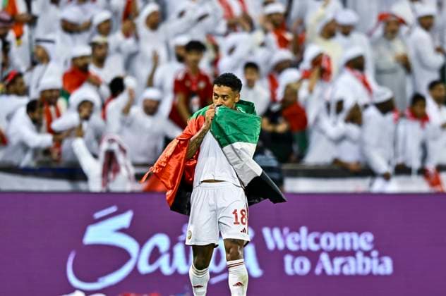 UNITED ARAB EMIRATES v OMAN-2026 FIFA World Cup, WM, Weltmeisterschaft, Fussball ASIAN QUALIFIER PLAYOFFS Caio Fernandes of United Arab Emirates celebrates the win at the end of the FIFA World Cup 2026 AFC Asian qualifiers playoffs group A match between United Arab Emirates and Oman at Jassim Bin Hamad Stadium in Doha, Qatar, on October 11, 2025. DOHA Qatar Copyright: xNOUSHADx