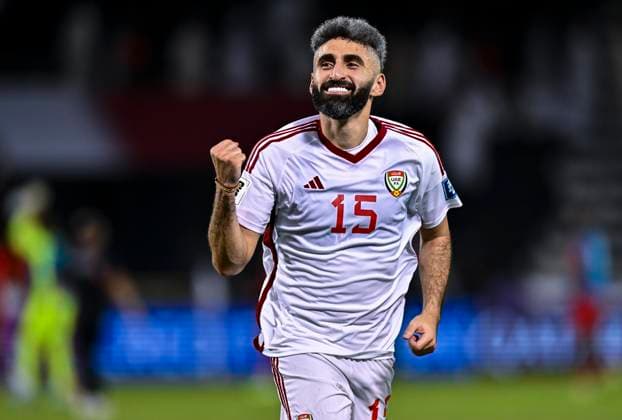 UNITED ARAB EMIRATES v OMAN-2026 FIFA World Cup, WM, Weltmeisterschaft, Fussball ASIAN QUALIFIER PLAYOFFS Yahia Nader of United Arab Emirates celebrates the win at the end of the FIFA World Cup 2026 AFC Asian qualifiers playoffs group A match between United Arab Emirates and Oman at Jassim Bin Hamad Stadium in Doha, Qatar, on October 11, 2025. DOHA Qatar Copyright: xNOUSHADx