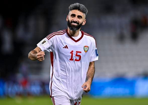 UNITED ARAB EMIRATES v OMAN-2026 FIFA World Cup, WM, Weltmeisterschaft, Fussball ASIAN QUALIFIER PLAYOFFS Yahia Nader of United Arab Emirates celebrates the win at the end of the FIFA World Cup 2026 AFC Asian qualifiers playoffs group A match between United Arab Emirates and Oman at Jassim Bin Hamad Stadium in Doha, Qatar, on October 11, 2025. DOHA Qatar Copyright: xNOUSHADx