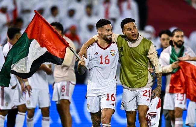 UNITED ARAB EMIRATES v OMAN-2026 FIFA World Cup, WM, Weltmeisterschaft, Fussball ASIAN QUALIFIER PLAYOFFS Players of United Arab Emirates celebrates the win at the end of the FIFA World Cup 2026 AFC Asian qualifiers playoffs group A match between United Arab Emirates and Oman at Jassim Bin Hamad Stadium in Doha, Qatar, on October 11, 2025. DOHA Qatar Copyright: xNOUSHADx