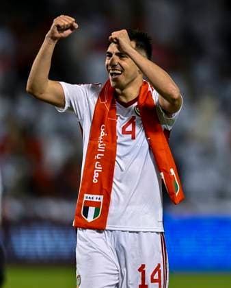 UNITED ARAB EMIRATES v OMAN-2026 FIFA World Cup, WM, Weltmeisterschaft, Fussball ASIAN QUALIFIER PLAYOFFS Nicolas Gimenez of United Arab Emirates celebrates the win at the end of the FIFA World Cup 2026 AFC Asian qualifiers playoffs group A match between United Arab Emirates and Oman at Jassim Bin Hamad Stadium in Doha, Qatar, on October 11, 2025. DOHA Qatar Copyright: xNOUSHADx