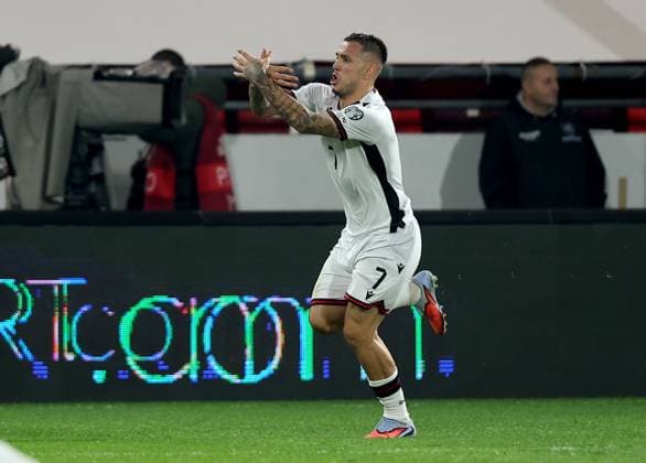 (251012) -- LESKOVAC, Oct. 12, 2025 -- Albania s Rey Manaj celebrates a goal during the World Cup 2026 European Qualifiers Group K football match between Serbia and Albania in Leskovac, Serbia on Oct. 11, 2025. (Photo by Xinhua) (SP)SERBIA-LESKOVAC-FOOTBALL FIFA World Cup, WM, Weltmeisterschaft, Fussball EUROPEAN QUALIFIERS-SERBIA VS ALBANIA PredragxMilosavljevic 