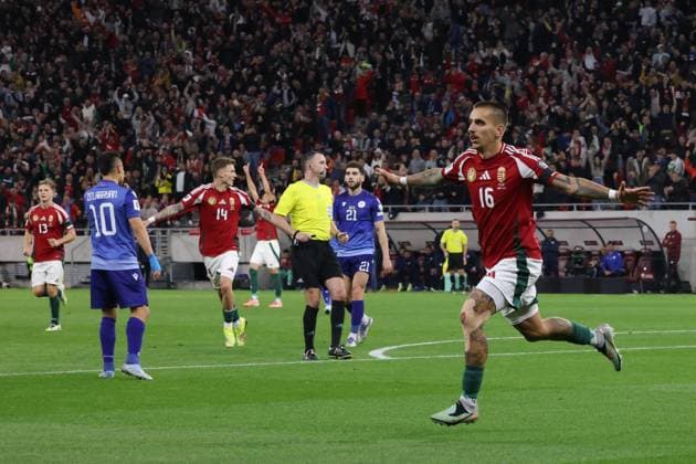 (251012) -- BUDAPEST, Oct. 12, 2025 -- Daniel Lukacs (1st R) of Hungary reacts after scoring during the 2026 FIFA World Cup, WM, Weltmeisterschaft, Fussball European Qualifiers football match between Hungary and Armenia in Budapest, Hungary, on Oct. 11, 2025. (Photo by Xinhua) (SP)HUNGARY-BUDAPEST-FOOTBALL-FIFA WORLD CUP QUALIFIERS-HUNGARY VS ARMENIA AttilaxVolgyi 
