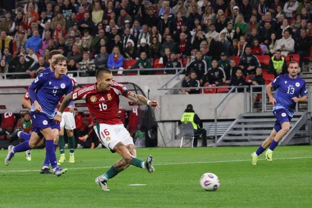 (251012) -- BUDAPEST, Oct. 12, 2025 -- Daniel Lukacs (front C) of Hungary shoots to score during the 2026 FIFA World Cup, WM, Weltmeisterschaft, Fussball European Qualifiers football match between Hungary and Armenia in Budapest, Hungary, on Oct. 11, 2025. (Photo by Xinhua) (SP)HUNGARY-BUDAPEST-FOOTBALL-FIFA WORLD CUP QUALIFIERS-HUNGARY VS ARMENIA AttilaxVolgyi 