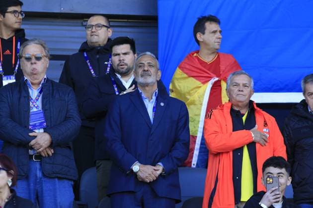 Futbol, Espana vs Colombia. Mundial sub 20, Chile 2025. El jPresidente ANFP Pablo Milas es fotografiado durante un partido de cuartos de final del mundial sub 20 contra Espana disputado en el estadio Fiscal de Talca, Chile. 11 10 2025 Jose Robles Photosport Football, Spain vs Colombia. U-20 World Cup Championship. ANFP President Pablo Milad is pictured during a round of 8 match of the U-20 World Cup against Spain at the Fiscal stadium in Talca, Chile. 11 10 2025 Jose Robles Photosport Espana vs Colombia, mundial sub 20 Chile 2025 