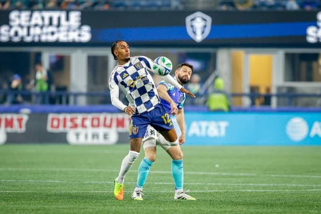 October 11, 2025, Seattle, Washington, USA: Real Salt Lake forward Rwan Cruz (12) and Seattle Sounders FC midfielder JooÂ£o Paulo (6) during the match between Real Salt Lake and the Seattle Sounders FC in the 2025 Major League Soccer match at Lumen Field, Seattle, Washington Seattle USA - ZUMAj111 20251011_zsp_j111_005 Copyright: xTomxJonesx