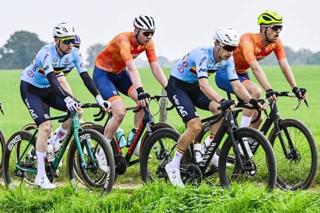 Belgian Tim Wellens and Belgian Quinten Hermans pictured in action during the men elite race at the UCI World Gravel Championships, Sunday 12 October 2025, in Maastricht, The Netherlands. DIRKxWAEM  x136586919x