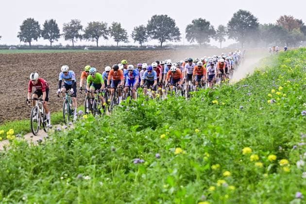 Belgian Tim Wellens and Slovenian Matej Mohoric pictured in action during the men elite race at the UCI World Gravel Championships, Sunday 12 October 2025, in Maastricht, The Netherlands. DIRKxWAEM  x136589068x