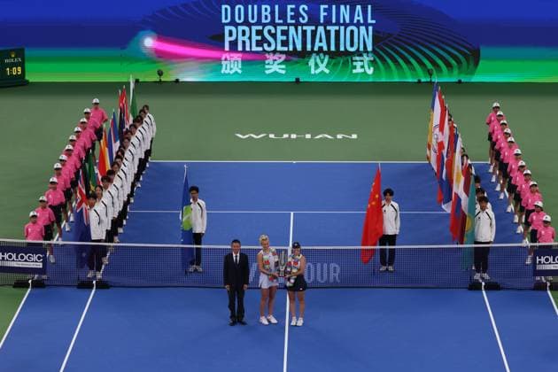 WUHAN, CHINA - OCTOBER 12: Storm Hunter of Australia and Katerina Siniakova of the Czech Republic pose with the trophy at the award ceremony after winning the Women s Doubles Final match against Anna Danilina of Kazakhstan and Aleksandra Krunic of Serbia on day 9 of 2025 Wuhan Open at Optics Valley International Tennis Center on October 12, 2025 in Wuhan, Hubei Province of China.  Copyright: xVCGx 111596715224