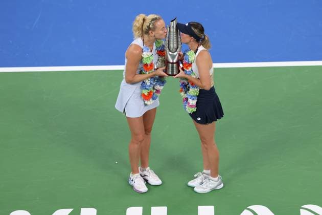 WUHAN, CHINA - OCTOBER 12: Storm Hunter of Australia and Katerina Siniakova of the Czech Republic celebrate with the trophy at the award ceremony after winning the Women s Doubles Final match against Anna Danilina of Kazakhstan and Aleksandra Krunic of Serbia on day 9 of 2025 Wuhan Open at Optics Valley International Tennis Center on October 12, 2025 in Wuhan, Hubei Province of China.  Copyright: xVCGx 111596715226