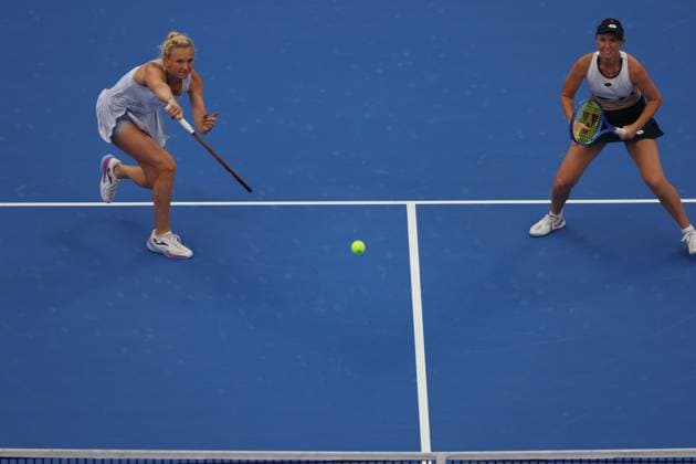 WUHAN, CHINA - OCTOBER 12: Storm Hunter of Australia and Katerina Siniakova of the Czech Republic compete in the Women s Doubles Final match against Anna Danilina of Kazakhstan and Aleksandra Krunic of Serbia on day 9 of 2025 Wuhan Open at Optics Valley International Tennis Center on October 12, 2025 in Wuhan, Hubei Province of China.  Copyright: xVCGx 111596715220