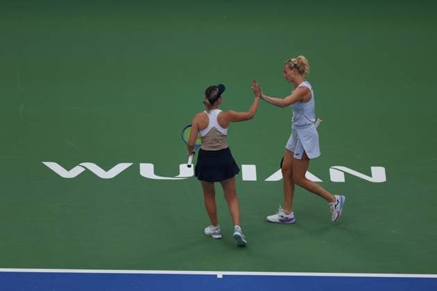WUHAN, CHINA - OCTOBER 12: Storm Hunter of Australia and Katerina Siniakova of the Czech Republic react in the Women s Doubles Final match against Anna Danilina of Kazakhstan and Aleksandra Krunic of Serbia on day 9 of 2025 Wuhan Open at Optics Valley International Tennis Center on October 12, 2025 in Wuhan, Hubei Province of China.  Copyright: xVCGx 111596715219