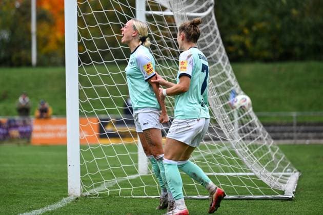 12 10 2025, Football, 2 Womens Bundesliga, 2025 2026, Matchday 7, SG 99 Andernach FC Bayern Munich II Isabel Pfeiffer 21 SG 99 Andernach celebrates her goal for 3 0