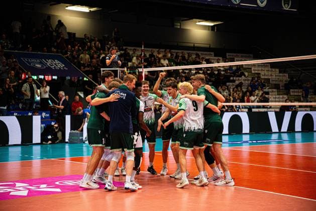 Volleyball I Men I Season 2025 2026 I Volleyball Bundesliga Ligacup I FT1844 Freiburg HELIOS Grizzlys Giesen I 12 10 2025 FT 1844 Freiburg celebrates victory Copyright: xLobeca Bjorn-OlexKehmx
