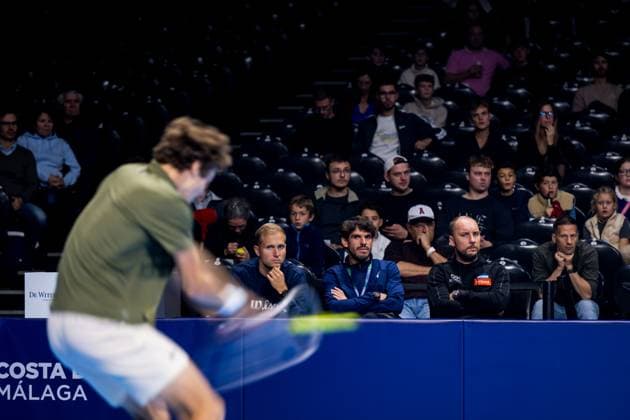 Belgian Alexander Blockx and Belgian captain Steve Darcis pictured during the European Open ATP, Tennis Herren tennis tournament in Brussels, on Sunday 12 October 2025. This year s edition of the tournament is taking place from 12 to 19 October 2025. JASPERxJACOBS  x136594486x