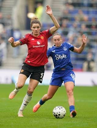 Liverpool, England, 12th October 2025. Dominique Janssen of Manchester Utd (L) is challenged by Ornella Vignola of Everton during the Everton Women vs Manchester United, ManU Women Barclays Women s Super League match at Hill Dickinson Stadium, Liverpool. Picture credit should read: Andrew Yates Sportimage EDITORIAL USE ONLY. No use with unauthorised audio, video, data, fixture lists, club league logos or live services. Online in-match use limited to 120 images, no video emulation. No use in betting, games or single club league player publications. SPI_014_AY_EVERTON_W_MAN_UTD_W SPI-4212-0014