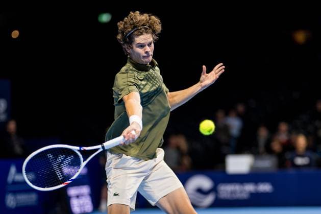 Belgian Alexander Blockx pictured in action during the European Open ATP, Tennis Herren tennis tournament in Brussels, on Sunday 12 October 2025. This year s edition of the tournament is taking place from 12 to 19 October 2025. JASPERxJACOBS  x136594513x