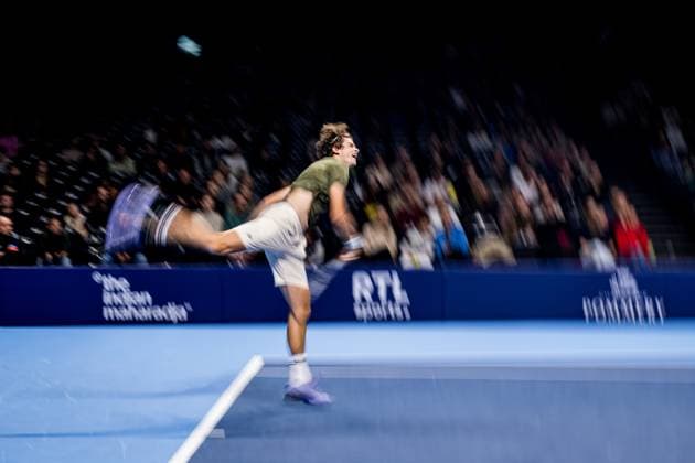 Belgian Alexander Blockx pictured in action during the European Open ATP, Tennis Herren tennis tournament in Brussels, on Sunday 12 October 2025. This year s edition of the tournament is taking place from 12 to 19 October 2025. JASPERxJACOBS  x136594520x