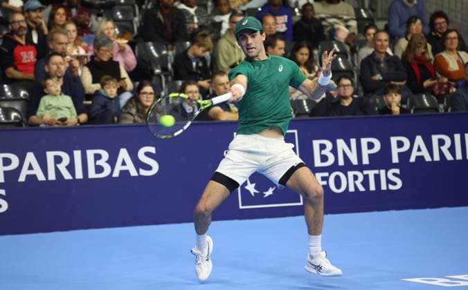 Eliot Spizzirri pictured in action during the European Open ATP, Tennis Herren tennis tournament in Brussels, on Sunday 12 October 2025. This year s edition of the tournament is taking place from 12 to 19 October 2025. VIRGINIExLEFOUR  x136595733x