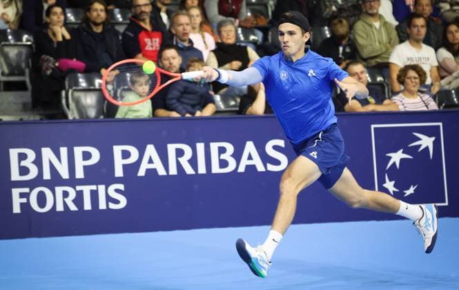 Hungarian Zsombor Piros pictured in action during the European Open ATP, Tennis Herren tennis tournament in Brussels, on Sunday 12 October 2025. This year s edition of the tournament is taking place from 12 to 19 October 2025. VIRGINIExLEFOUR  x136595817x