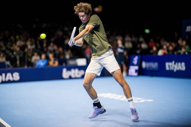 Belgian Alexander Blockx pictured in action during the European Open ATP, Tennis Herren tennis tournament in Brussels, on Sunday 12 October 2025. This year s edition of the tournament is taking place from 12 to 19 October 2025. JASPERxJACOBS  x136597852x