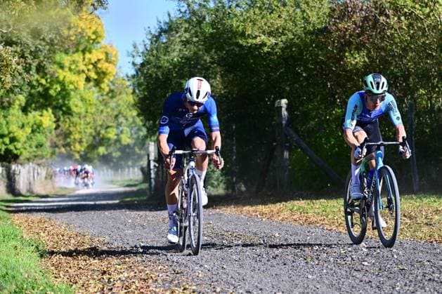 Paris Tours 2025 Cycling Race TOURS, FRANCE - OCTOBER 12 : Lapeira Paul of Decathlon AG2R La Mondiale Team and Gruel Thibaud of Groupama - FDJ leading the escape pack during the 119th edition of Paris Tours an UCI ProSeries 1.Pro one day cycling road race for Men Elite of 211.6 km with start in Chartres and finish in Tours on October 12, 2025 in Tours, France, 12 10 2025 ( Motordriver Guy De Vuyst - Tours France  Copyright: xPeterxDexVoechtx