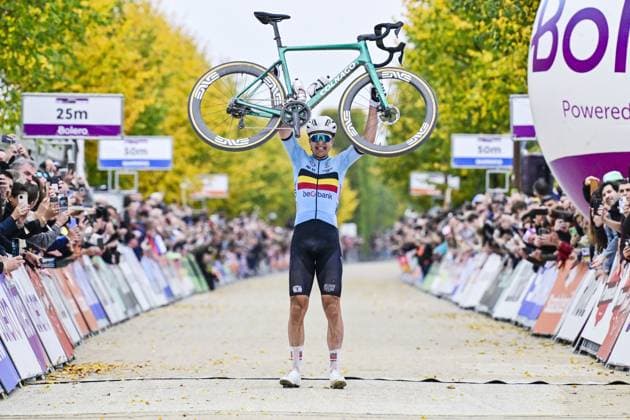 Belgian Florian Vermeersch celebrates as he crosses the finish line to win the men elite race at the UCI World Gravel Championships, Sunday 12 October 2025, in Maastricht, The Netherlands. DIRKxWAEM  x136601575x