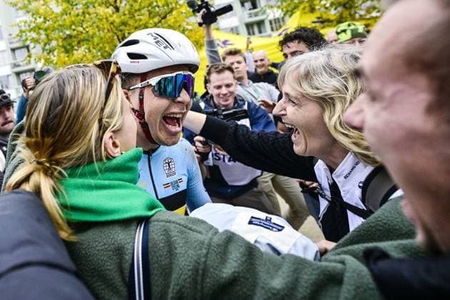 Belgian Florian Vermeersch celebrates after winning the men elite race at the UCI World Gravel Championships, Sunday 12 October 2025, in Maastricht, The Netherlands. DIRKxWAEM  x136601683x