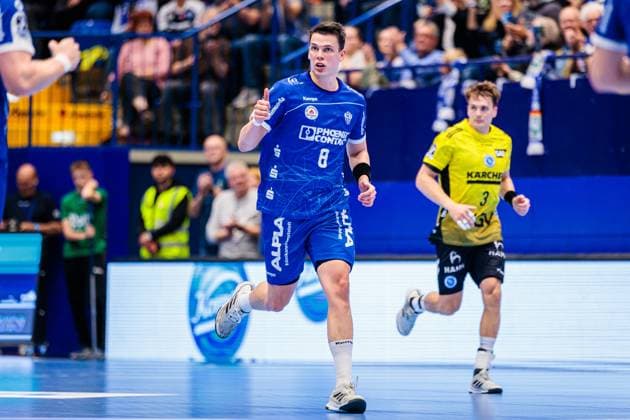 Frederik Simak TBV Lemgo Lippe, 08 celebrates after scoring goal GER, TBV Lemgo Lippe vs TVB Stuttgart, Handball, 1 Bundesliga, Matchday 8, Season 2025 2026, 12 10 2025 GER, TBV Lemgo Lippe vs TVB Stuttgart, Handball, 1 Bundesliga, Matchday 8, Season 2025 2026, 12 10 2025 Lemgo Copyright: xEibner-Pressefoto JanxRollingerx EP_JSK