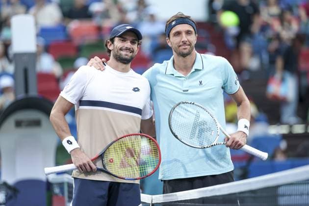 SHANGHAI, CHINA - OCTOBER 12: Arthur Rinderknech of France poses a photo with Valentin Vacherot of Monaco before men s single final match on day 14 of the 2025 Shanghai Rolex Masters at Qi Zhong Tennis Center on October 12, 2025 in Shanghai, China. (Photo by Qian Jun) Copyright: xQianxJunx Sportspressphoto_SPR41502