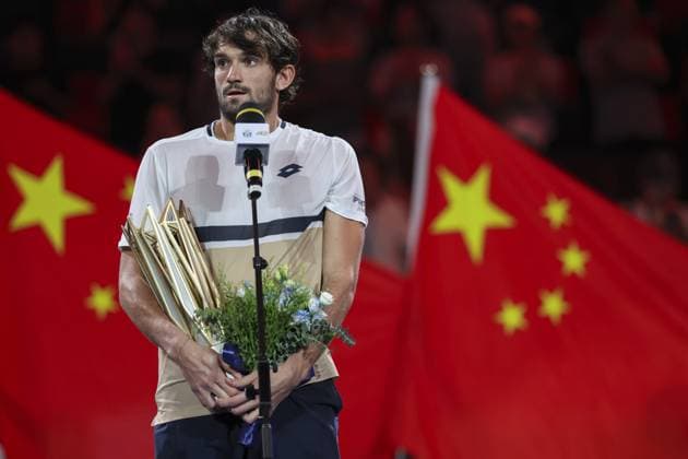 SHANGHAI, CHINA - OCTOBER 12: Valentin Vacherot of Monaco reacts during the award ceremony after men s singles final match against Arthur Rinderknech of France on day 14 of the 2025 Shanghai Rolex Masters at Qi Zhong Tennis Center on October 12, 2025 in Shanghai, China. (Photo by Qian Jun) Copyright: xQianxJunx Sportspressphoto_SPR41515