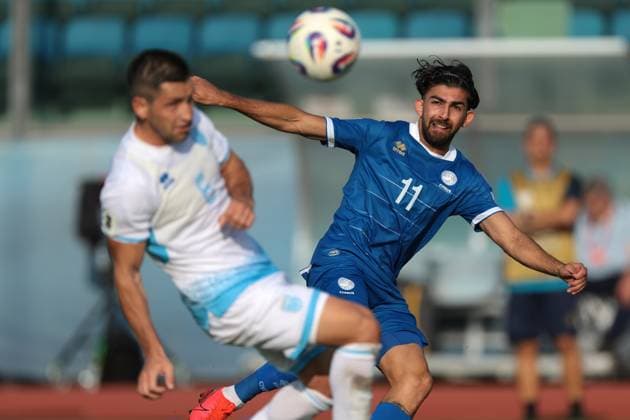 Serravalle, Italy, 12th October 2025. Andronikos Kakoulli of Cyprus crosses the ball during the San Marino vs Cyprus FIFA World Cup, WM, Weltmeisterschaft, Fussball European Qualifying match at San Marino Stadium, Serravalle. Picture credit should read: Jonathan Moscrop Sportimage EDITORIAL USE ONLY. No use with unauthorised audio, video, data, fixture lists, club league logos or live services. Online in-match use limited to 120 images, no video emulation. No use in betting, games or single club league player publications. SPI_022_JM_SANMARINO_CYPRUS_EQ SPI-4191-0022