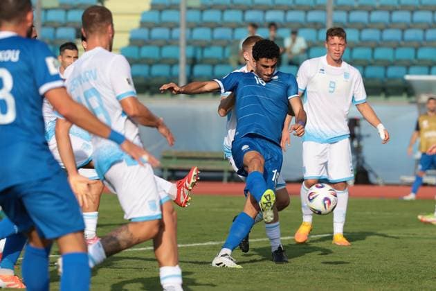 Serravalle, Italy, 12th October 2025. Stelios Andreou of Cyprus scores to give the side a 2-0 lead the San Marino vs Cyprus FIFA World Cup, WM, Weltmeisterschaft, Fussball European Qualifying match at San Marino Stadium, Serravalle. Picture credit should read: Jonathan Moscrop Sportimage EDITORIAL USE ONLY. No use with unauthorised audio, video, data, fixture lists, club league logos or live services. Online in-match use limited to 120 images, no video emulation. No use in betting, games or single club league player publications. SPI_039_JM_SANMARINO_CYPRUS_EQ SPI-4191-0039