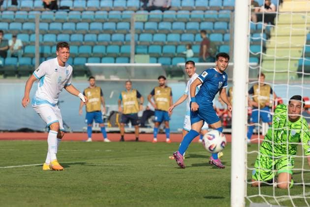 Serravalle, Italy, 12th October 2025. Loizos Loizou of Cyprus looks on as the ball rebounds off the upright and into the path of team mate Stelios Andreou to score and give the visitors a 2-0 lead the San Marino vs Cyprus FIFA World Cup, WM, Weltmeisterschaft, Fussball European Qualifying match at San Marino Stadium, Serravalle. Picture credit should read: Jonathan Moscrop Sportimage EDITORIAL USE ONLY. No use with unauthorised audio, video, data, fixture lists, club league logos or live services. Online in-match use limited to 120 images, no video emulation. No use in betting, games or single club league player publications. SPI_041_JM_SANMARINO_CYPRUS_EQ SPI-4191-0041