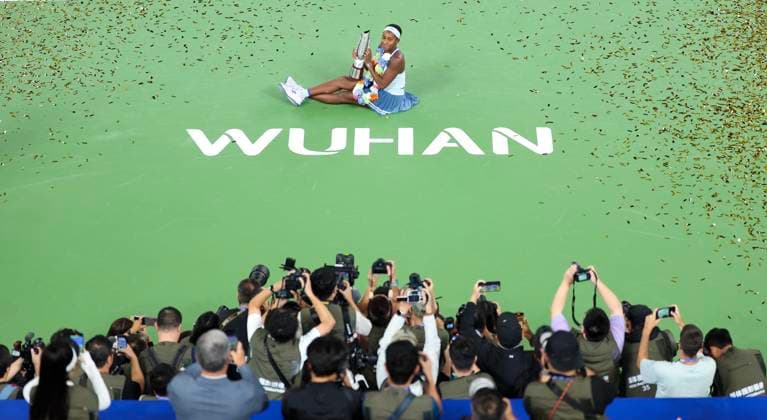 (251012) -- WUHAN, Oct. 12, 2025 -- Coco Gauff poses with the trophy during the awarding ceremony after the women s singles final between Jessica Pegula of the United States and Coco Gauff of the United States at the 2025 Wuhan Open tennis tournament in Wuhan, central China s Hubei Province, Oct. 12, 2025. ) (SP)CHINA-WUHAN-TENNIS-WUHAN OPEN-WOMEN S SINGLES (CN) BaixXuefei 