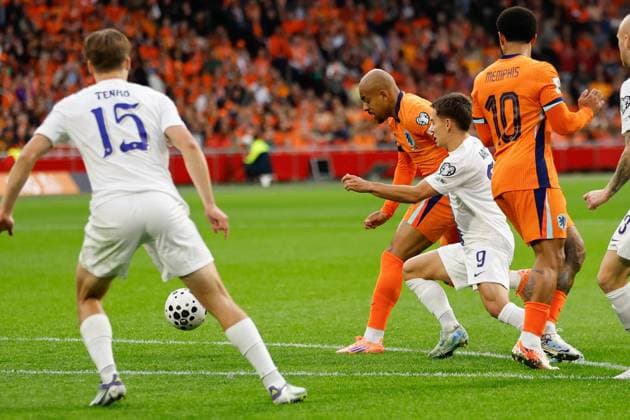 Donyell Malen of the Netherlands scoring the 1-0 Netherlands v Finland, FIFA World Cup, WM, Weltmeisterschaft, Fussball 2026 Qualifier, Netherlands v Finland, Johan Cruijff Arena, October 12, 2025, Amsterdam, Netherlands.