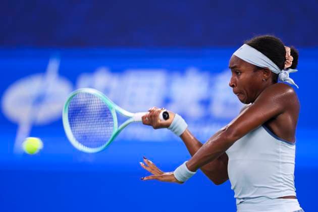 WUHAN, CHINA - OCTOBER 12: Coco Gauff of the United States competes in the Women s Singles Final match against Jessica Pegula of the United States on day 9 of 2025 Wuhan Open at Optics Valley International Tennis Center on October 12, 2025 in Wuhan, Hubei Province of China.  Copyright: xVCGx 111596759640