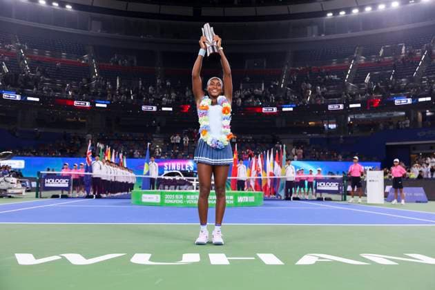 WUHAN, CHINA - OCTOBER 12: Champion Coco Gauff of the United States celebrates with the trophy at the award ceremony after winning the Women s Singles Final match against Jessica Pegula of the United States on day 9 of 2025 Wuhan Open at Optics Valley International Tennis Center on October 12, 2025 in Wuhan, Hubei Province of China.  Copyright: xVCGx 111596765206