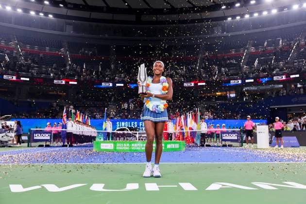 WUHAN, CHINA - OCTOBER 12: Champion Coco Gauff of the United States celebrates with the trophy at the award ceremony after winning the Women s Singles Final match against Jessica Pegula of the United States on day 9 of 2025 Wuhan Open at Optics Valley International Tennis Center on October 12, 2025 in Wuhan, Hubei Province of China.  Copyright: xVCGx 111596765209