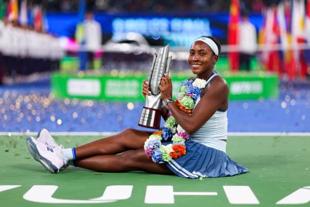 WUHAN, CHINA - OCTOBER 12: Champion Coco Gauff of the United States poses with the trophy at the award ceremony after winning the Women s Singles Final match against Jessica Pegula of the United States on day 9 of 2025 Wuhan Open at Optics Valley International Tennis Center on October 12, 2025 in Wuhan, Hubei Province of China.  Copyright: xVCGx 111596765147