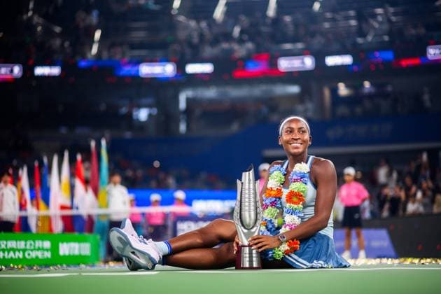 WUHAN, CHINA - OCTOBER 12: Champion Coco Gauff of the United States poses with the trophy at the award ceremony after winning the Women s Singles Final match against Jessica Pegula of the United States on day 9 of 2025 Wuhan Open at Optics Valley International Tennis Center on October 12, 2025 in Wuhan, Hubei Province of China.  Copyright: xVCGx 111596765251