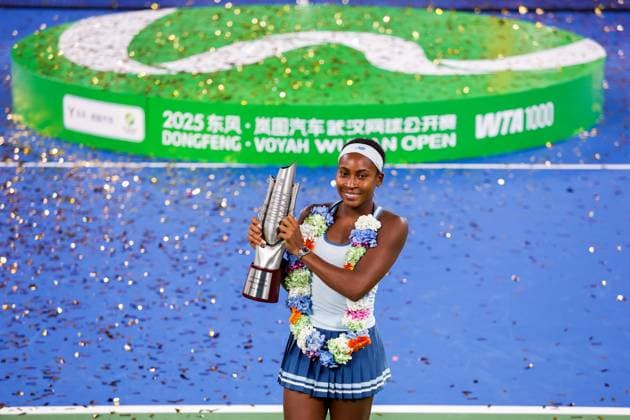 WUHAN, CHINA - OCTOBER 12: Champion Coco Gauff of the United States poses with the trophy at the award ceremony after winning the Women s Singles Final match against Jessica Pegula of the United States on day 9 of 2025 Wuhan Open at Optics Valley International Tennis Center on October 12, 2025 in Wuhan, Hubei Province of China.  Copyright: xVCGx 111596765080