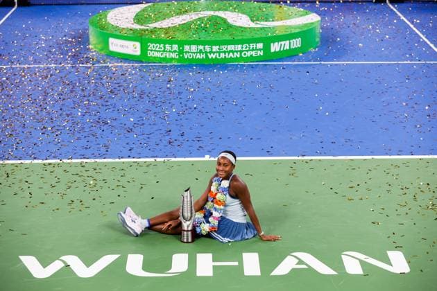 WUHAN, CHINA - OCTOBER 12: Champion Coco Gauff of the United States poses with the trophy at the award ceremony after winning the Women s Singles Final match against Jessica Pegula of the United States on day 9 of 2025 Wuhan Open at Optics Valley International Tennis Center on October 12, 2025 in Wuhan, Hubei Province of China.  Copyright: xVCGx 111596765082