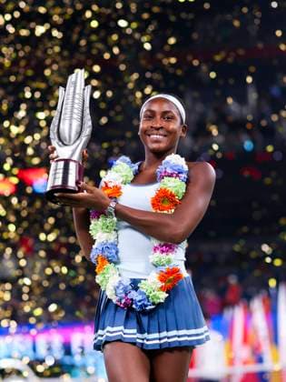WUHAN, CHINA - OCTOBER 12: Champion Coco Gauff of the United States celebrates with the trophy at the award ceremony after winning the Women s Singles Final match against Jessica Pegula of the United States on day 9 of 2025 Wuhan Open at Optics Valley International Tennis Center on October 12, 2025 in Wuhan, Hubei Province of China.  Copyright: xVCGx 111596765119
