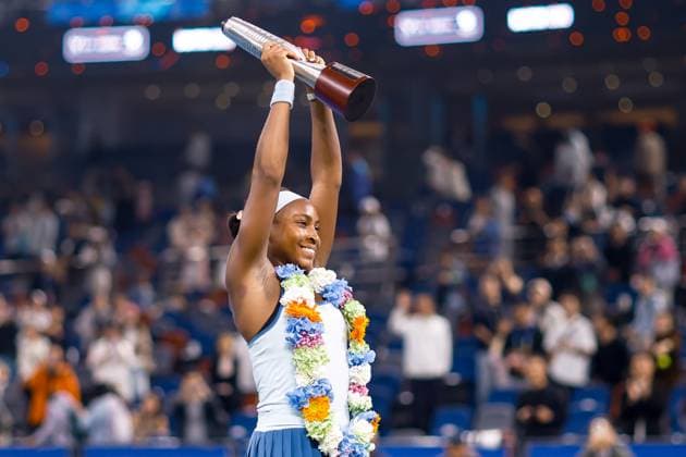 WUHAN, CHINA - OCTOBER 12: Champion Coco Gauff of the United States celebrates with the trophy at the award ceremony after winning the Women s Singles Final match against Jessica Pegula of the United States on day 9 of 2025 Wuhan Open at Optics Valley International Tennis Center on October 12, 2025 in Wuhan, Hubei Province of China.  Copyright: xVCGx 111596765053