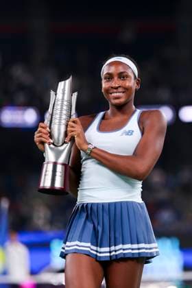 WUHAN, CHINA - OCTOBER 12: Champion Coco Gauff of the United States celebrates with the trophy at the award ceremony after winning the Women s Singles Final match against Jessica Pegula of the United States on day 9 of 2025 Wuhan Open at Optics Valley International Tennis Center on October 12, 2025 in Wuhan, Hubei Province of China.  Copyright: xVCGx 111596765149