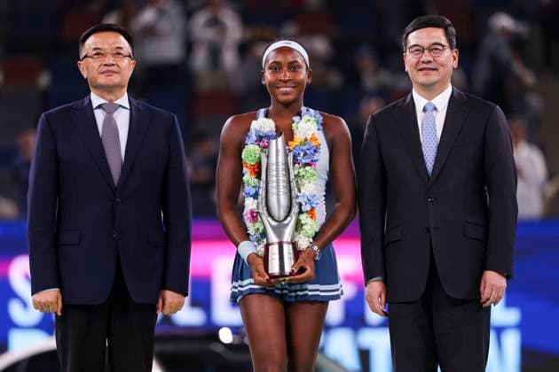 WUHAN, CHINA - OCTOBER 12: Champion Coco Gauff of the United States poses with the trophy at the award ceremony after winning the Women s Singles Final match against Jessica Pegula of the United States on day 9 of 2025 Wuhan Open at Optics Valley International Tennis Center on October 12, 2025 in Wuhan, Hubei Province of China.  Copyright: xVCGx 111596765155