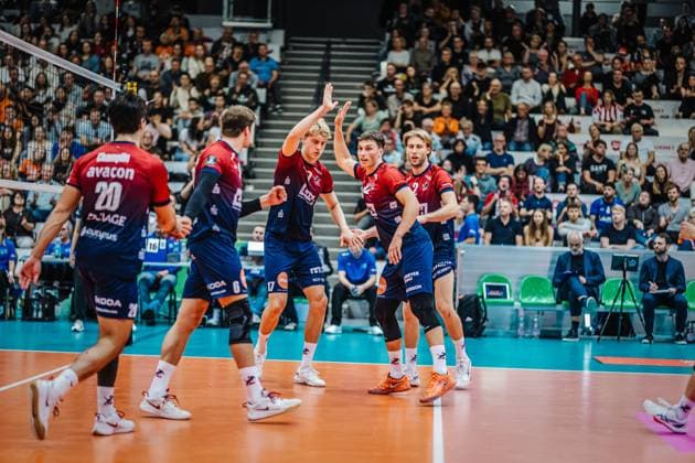 Volleyball mens season 2025 2026 Final League Cup 2025 SVG Lüneburg vs Berlin Recycling Volleys 12 10 2025 The SVG Lüneburg team celebrates