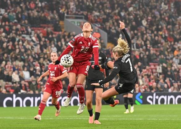 Liverpool, England, 12th October 2025. Laura Coombs of Manchester City fouls Fuka Nagano of Liverpool Women during the Liverpool FC Women vs Manchester City Women Barclays Women s Super League match at Anfield, Liverpool. Picture credit should read: Cody Froggatt Sportimage EDITORIAL USE ONLY. No use with unauthorised audio, video, data, fixture lists, club league logos or live services. Online in-match use limited to 120 images, no video emulation. No use in betting, games or single club league player publications. SPI_041_CF_LIVERPOOL_FC_WOMEN_V_MANCHESTER_CITY_WOMEN SPI-4213-0041